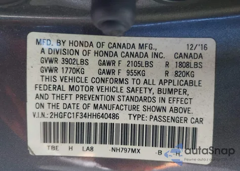 2017 Honda Civic Ex-T from USA, damaged, VIN 2HGFC1F34HH640486